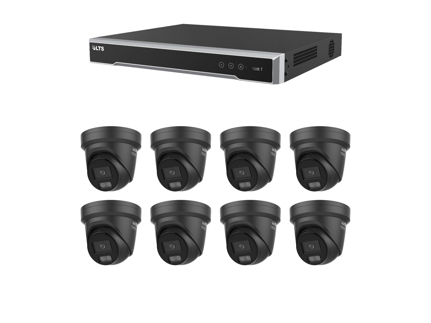 One black LTS PoE recorder with exactly eight black LTS 4MP 24/7 Color AI turret cameras