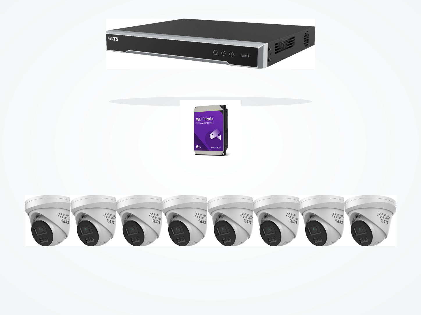 One LTS eight-channel PoE recorder, one 6TB WD Purple surveillance drive, and eight LTS 4MP active-deterrence turret cameras on a clean white background