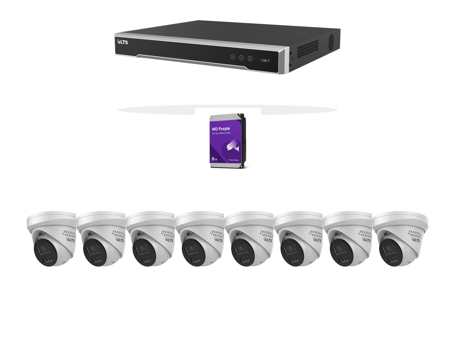 One LTS eight-channel PoE recorder, one 6TB WD Purple surveillance drive, and eight LTS 4MP active-deterrence turret cameras on a clean white background