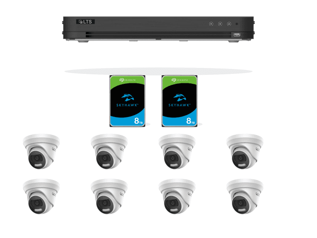 One LTS 16-channel two-bay 4K DVR, eight LTS 8MP turret cameras, and two Seagate SkyHawk 8TB surveillance drives on a clean white background