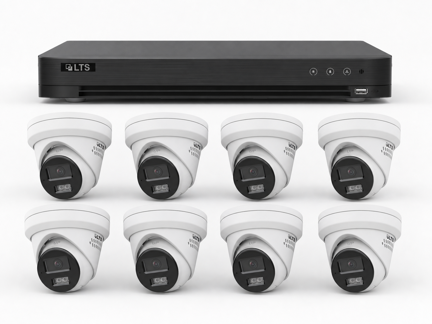 One LTS 8-channel DVR with eight LTS two-way-audio turret cameras