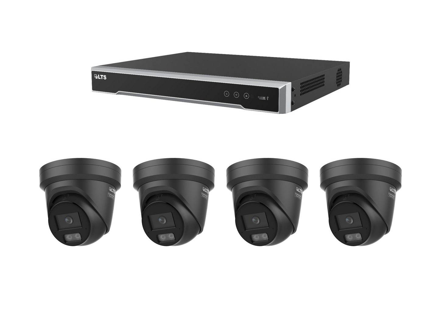 One black LTS PoE recorder with exactly four black LTS 4MP 24/7 Color AI turret cameras