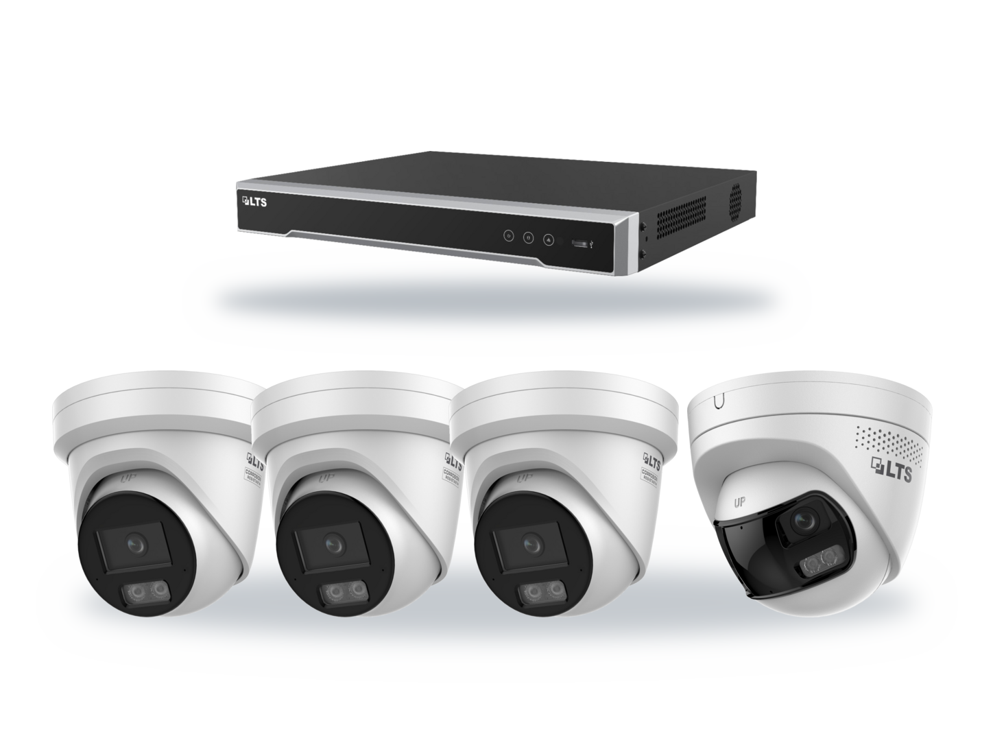 One LTS 8-channel PoE recorder with three LTS 4MP Color AI turret cameras and one LTS 8MP panoramic active-deterrence camera