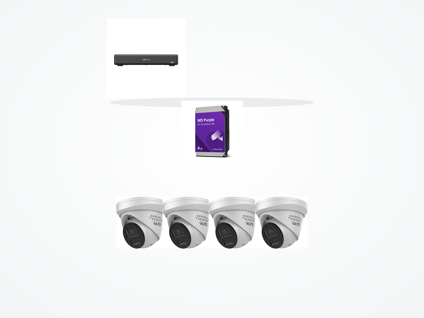 One LTS four-channel PoE recorder, one 4TB WD Purple surveillance drive, and four LTS 4MP active-deterrence turret cameras on a clean white background