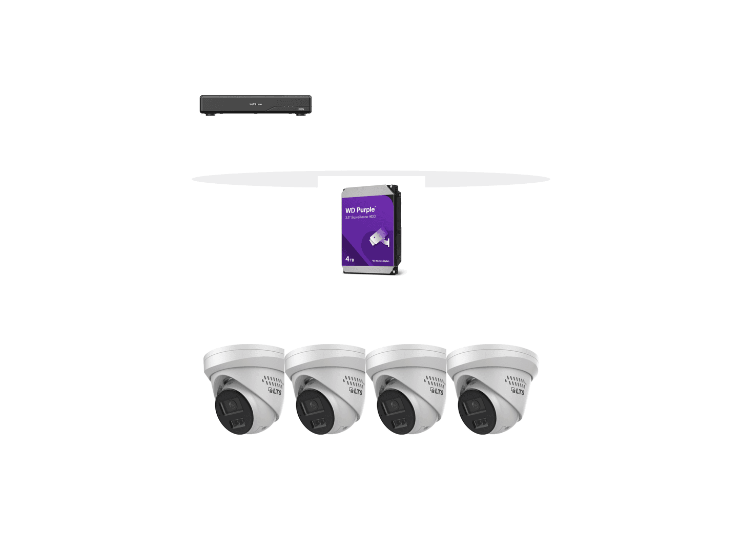 One LTS four-channel PoE recorder, one 4TB WD Purple surveillance drive, and four LTS 4MP active-deterrence turret cameras on a clean white background