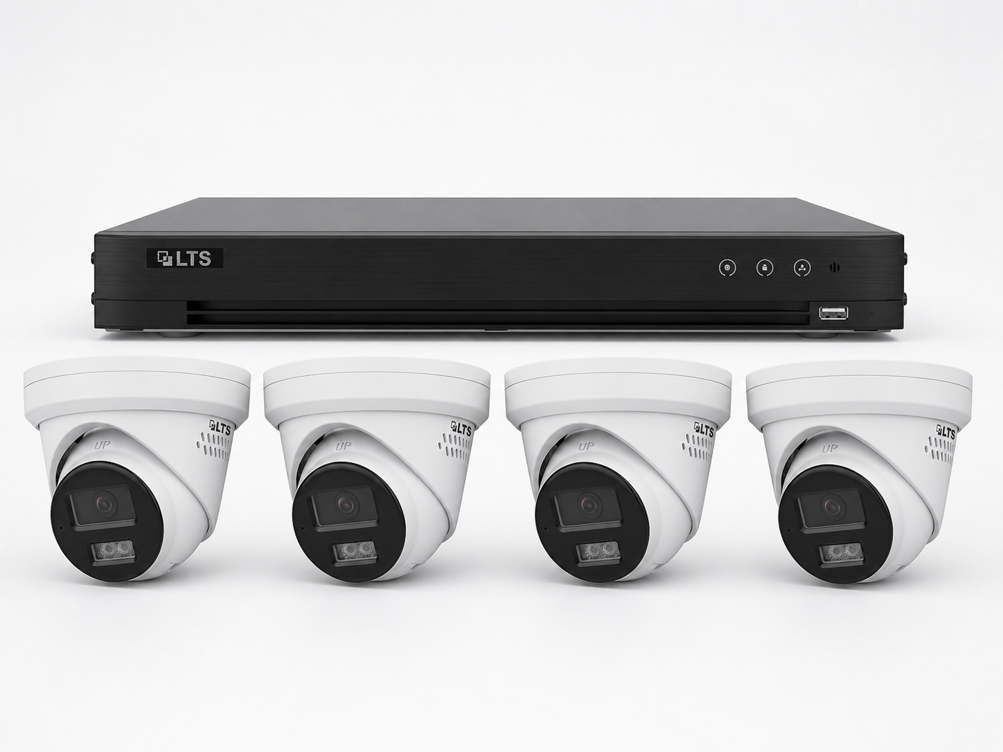 One LTS 4-channel DVR with four LTS two-way-audio turret cameras