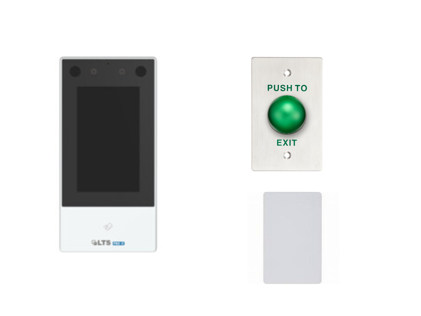 LTS face recognition access controller, green exit button, and representative MIFARE credential on a clean white background