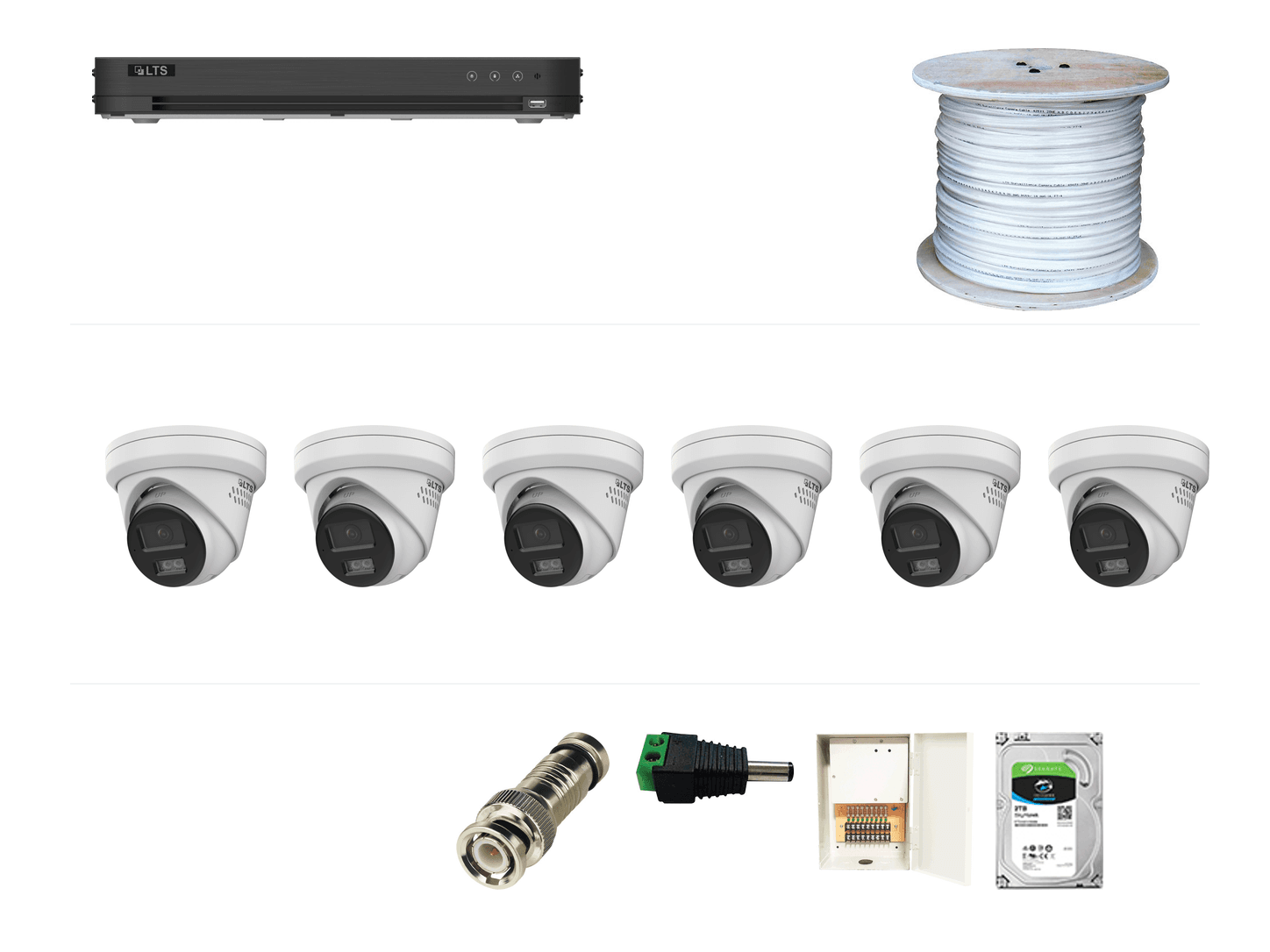 One LTS eight-channel DVR, six LTS 2MP two-way-audio cameras, one 1,000-foot RG59 Siamese cable box, BNC and DC terminations, one nine-port camera power box, and one 2TB Seagate SkyHawk drive