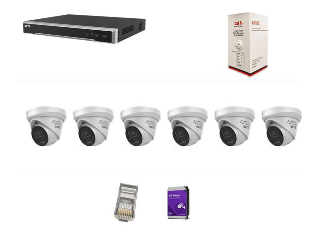 One LTS eight-channel 4K PoE NVR, six LTS 8MP dual-microphone cameras, one 1,000-foot Cat6 cable box, two sealed 10-packs of RJ45 connectors, and one 6TB WD Purple surveillance drive