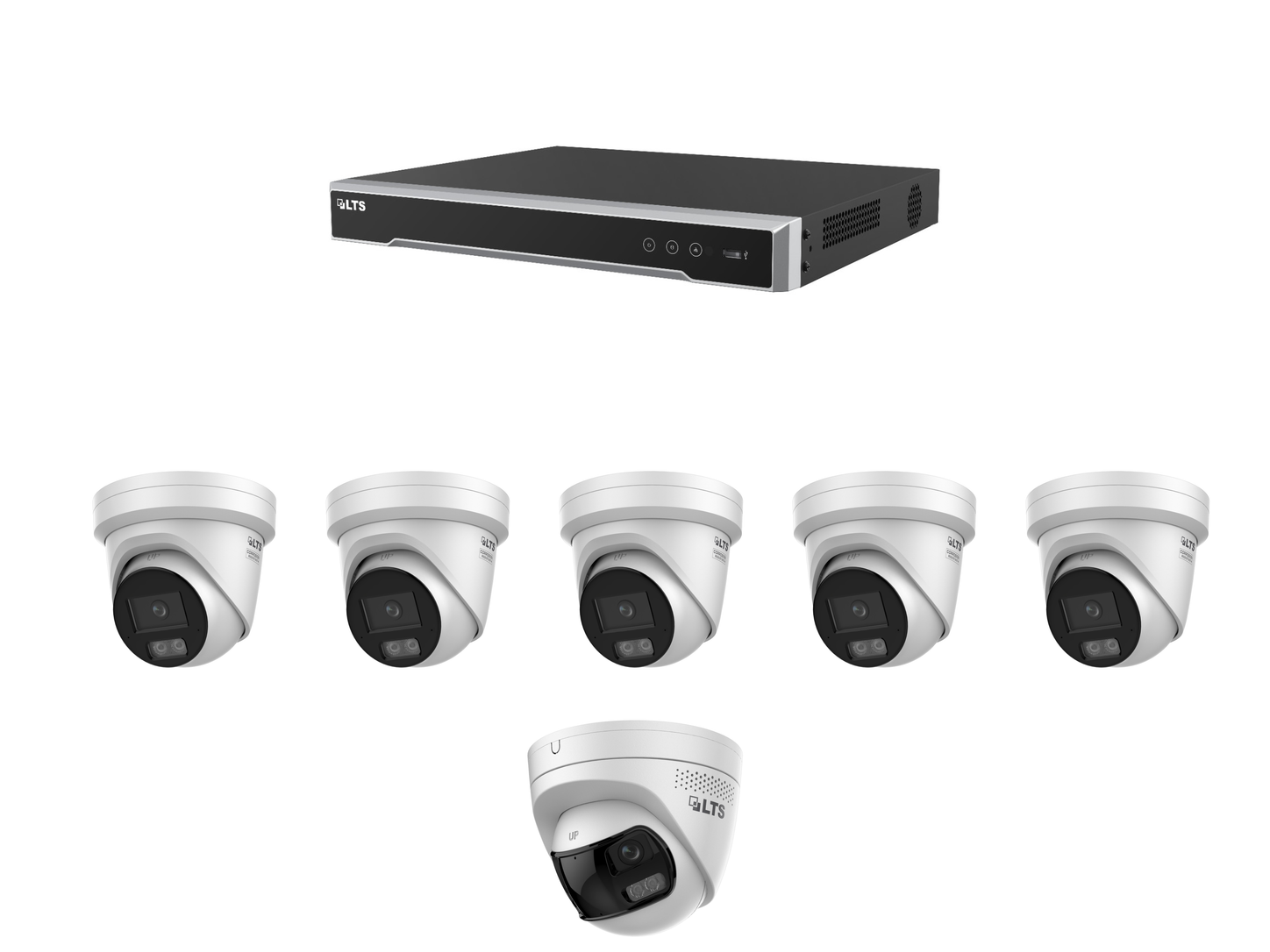One LTS eight-channel PoE recorder with five 4MP AI Color turret cameras and one 8MP 180-degree panoramic active-deterrence camera