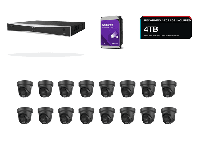 One LTS PoE recorder, sixteen black-finish 8MP/4K AI Color turret cameras, and 4TB of WD Purple surveillance storage on a clean white background