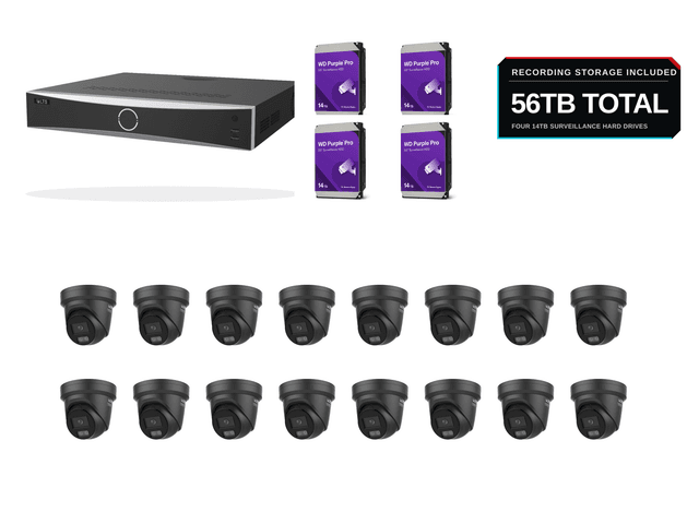 One LTS PoE recorder, sixteen black-finish 8MP/4K AI Color turret cameras, and 56TB of WD Purple surveillance storage on a clean white background