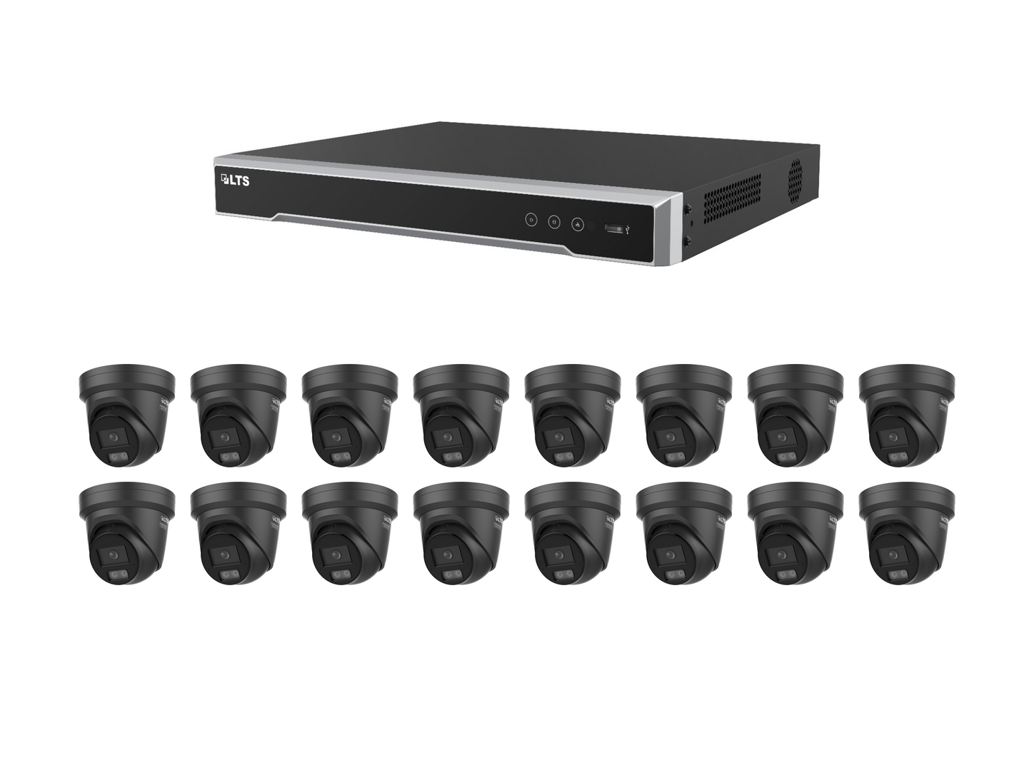 One black LTS PoE recorder with exactly sixteen black LTS 4MP 24/7 Color AI turret cameras