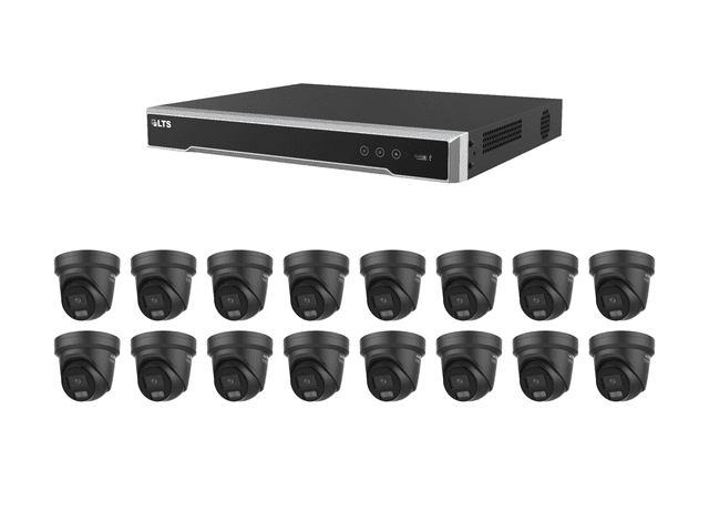One black LTS PoE recorder with exactly sixteen black LTS 4MP 24/7 Color AI turret cameras