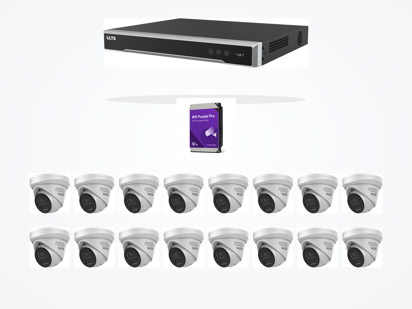 One LTS sixteen-channel PoE recorder, one 12TB WD Purple Pro surveillance drive, and sixteen LTS 4MP active-deterrence turret cameras on a clean white background