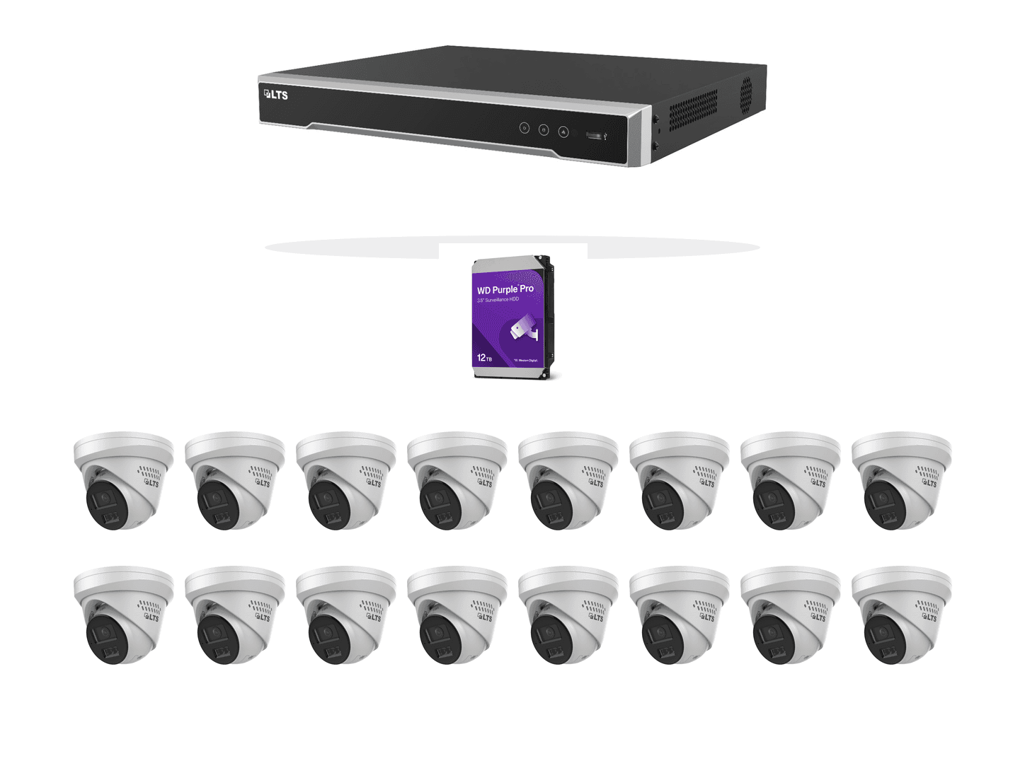 One LTS sixteen-channel PoE recorder, one 12TB WD Purple Pro surveillance drive, and sixteen LTS 4MP active-deterrence turret cameras on a clean white background