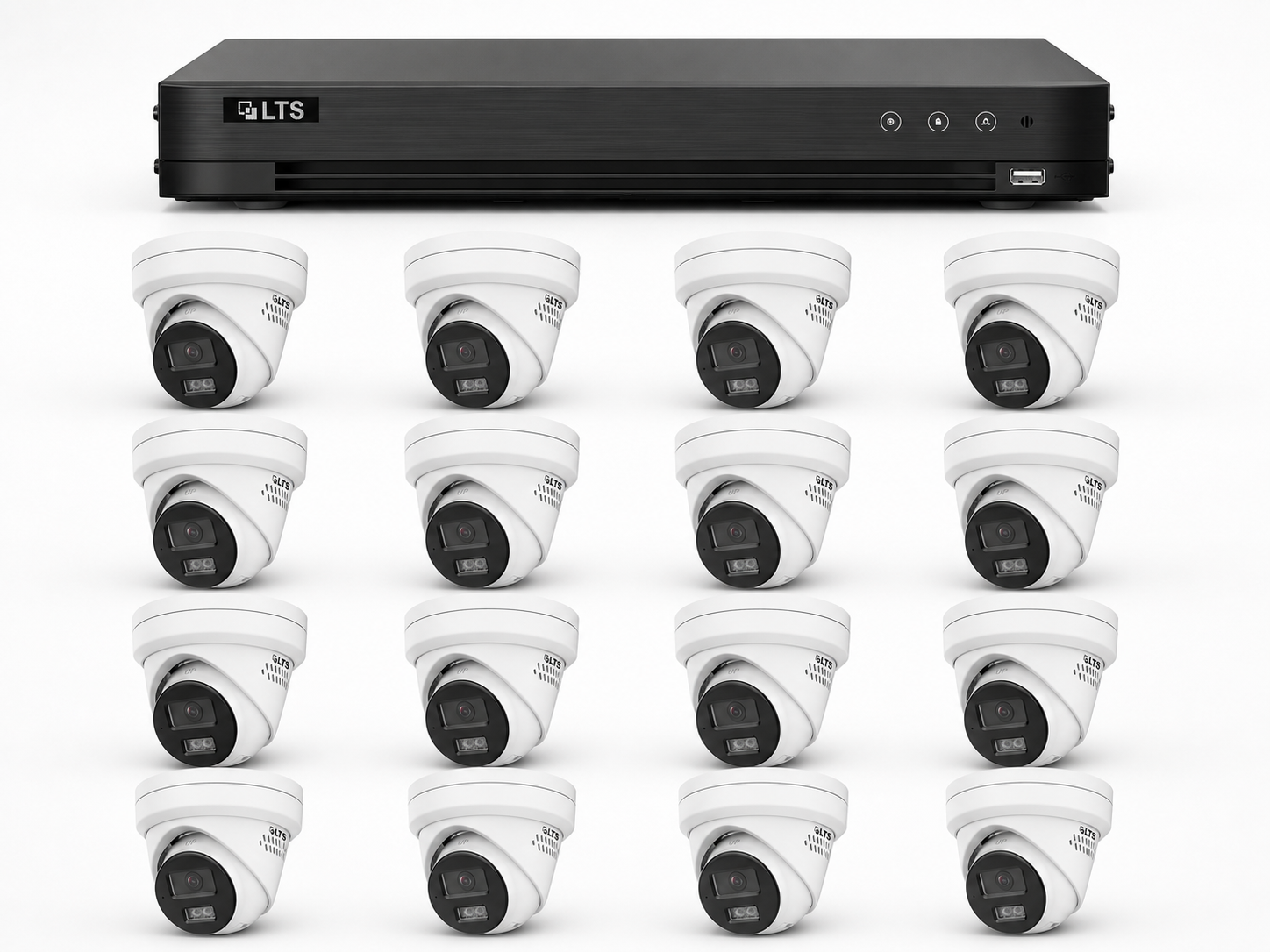 One LTS 16-channel DVR with sixteen LTS two-way-audio turret cameras