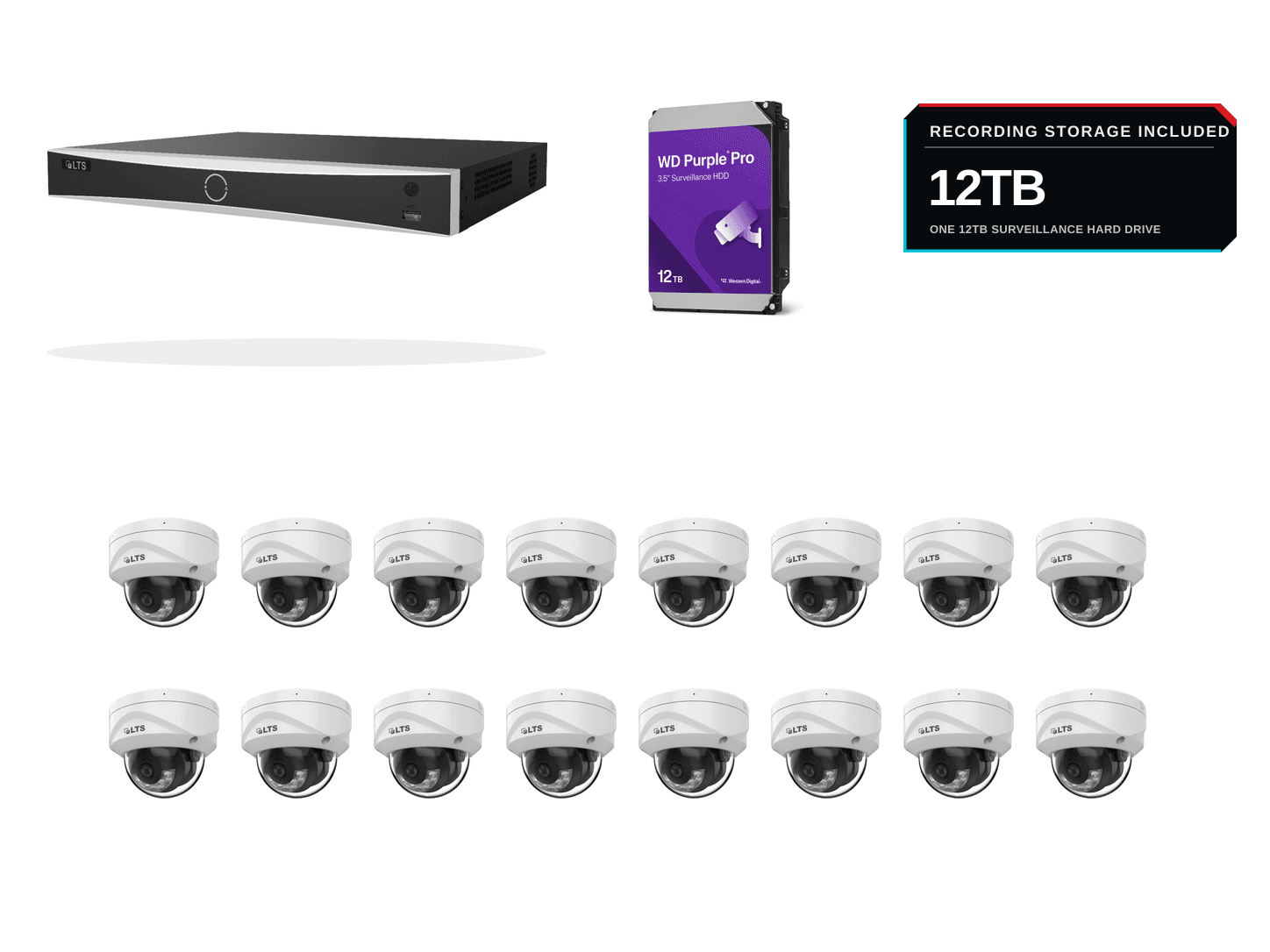 One LTS PoE recorder, sixteen standard white 8MP/4K dome cameras, and 12TB of WD Purple surveillance storage on a clean white background