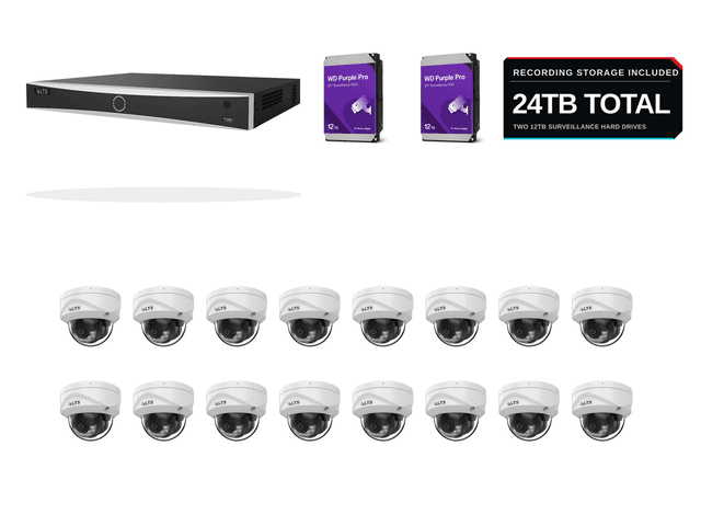 One LTS PoE recorder, sixteen standard white 8MP/4K dome cameras, and 24TB of WD Purple surveillance storage on a clean white background