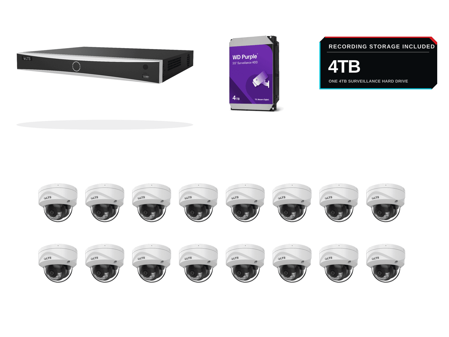 One LTS PoE recorder, sixteen standard white 8MP/4K dome cameras, and 4TB of WD Purple surveillance storage on a clean white background