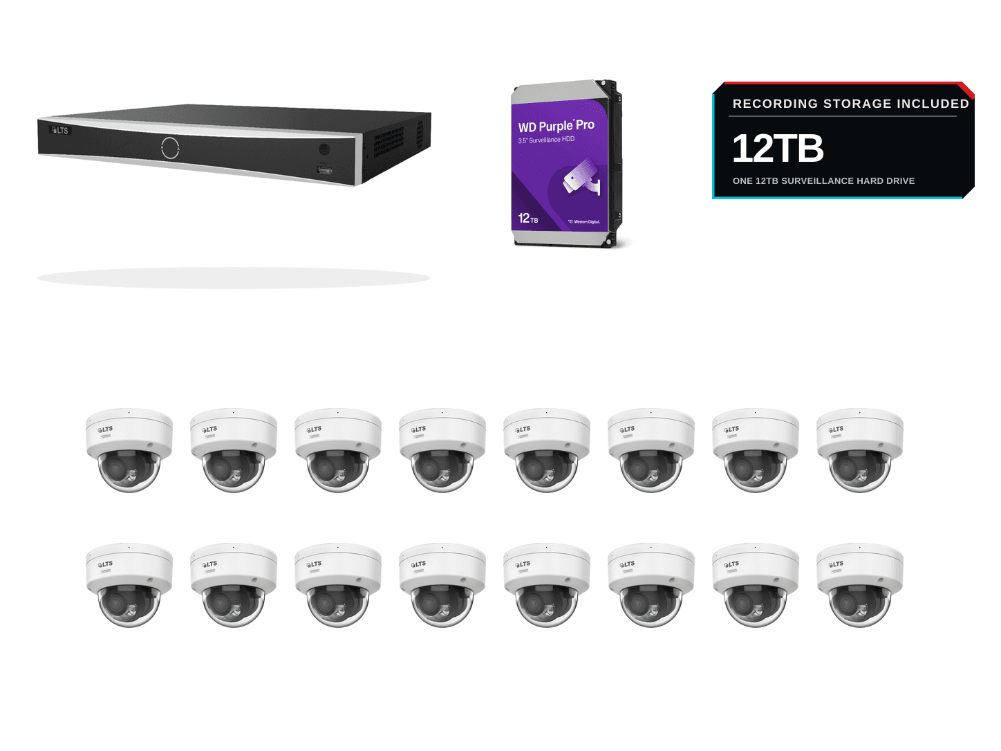 One LTS PoE recorder, sixteen premium white 8MP/4K AI Color dome cameras, and 12TB of WD Purple surveillance storage on a clean white background