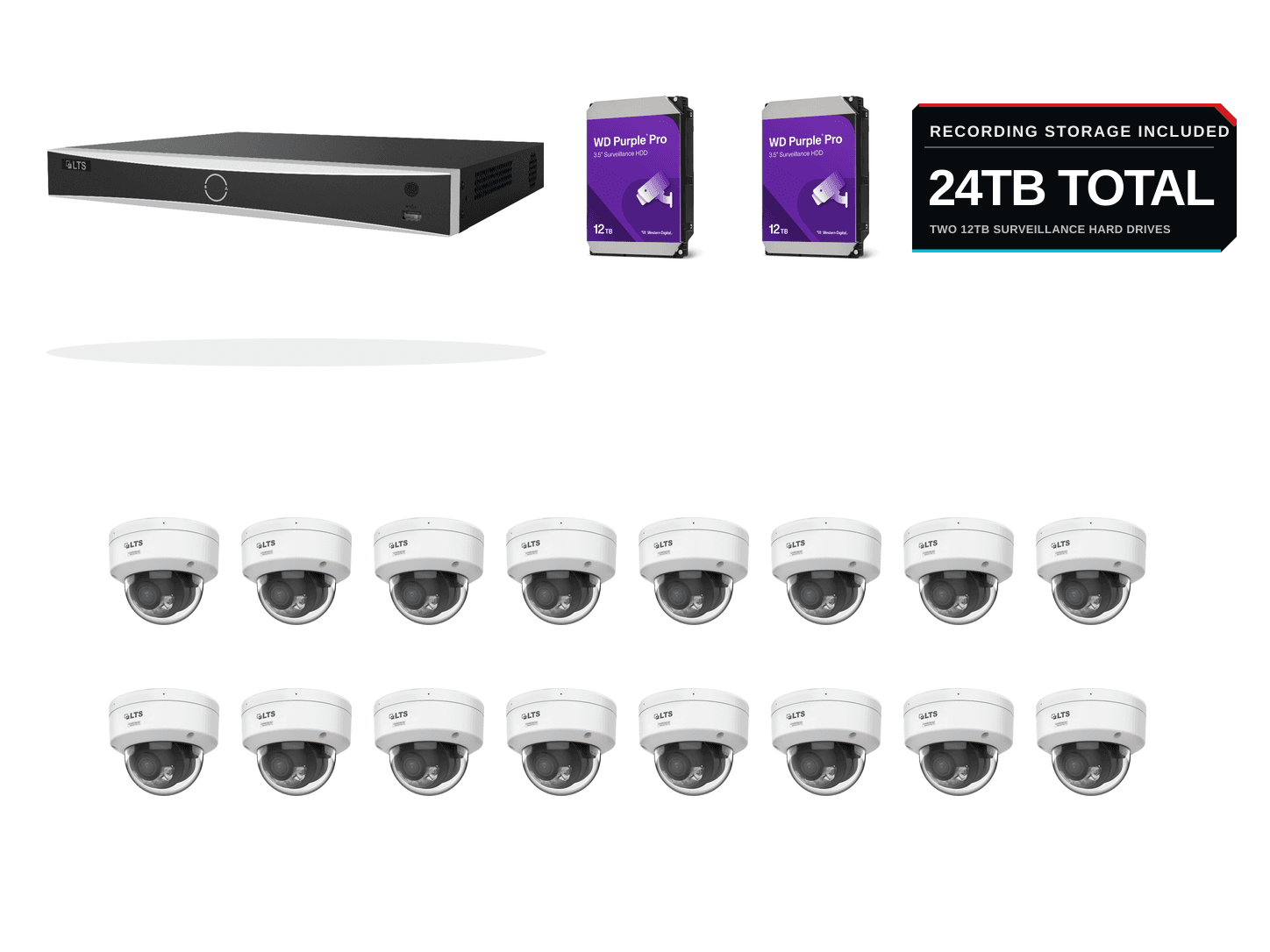 One LTS PoE recorder, sixteen premium white 8MP/4K AI Color dome cameras, and 24TB of WD Purple surveillance storage on a clean white background