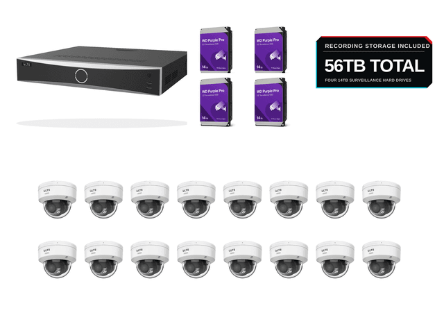 One LTS PoE recorder, sixteen premium white 8MP/4K AI Color dome cameras, and 56TB of WD Purple surveillance storage on a clean white background