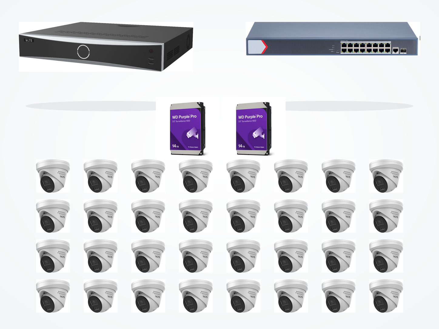 One LTS thirty-two-channel recorder, one sixteen-port PoE switch, two 14TB WD Purple Pro surveillance drives, and thirty-two LTS active-deterrence cameras on a clean white background
