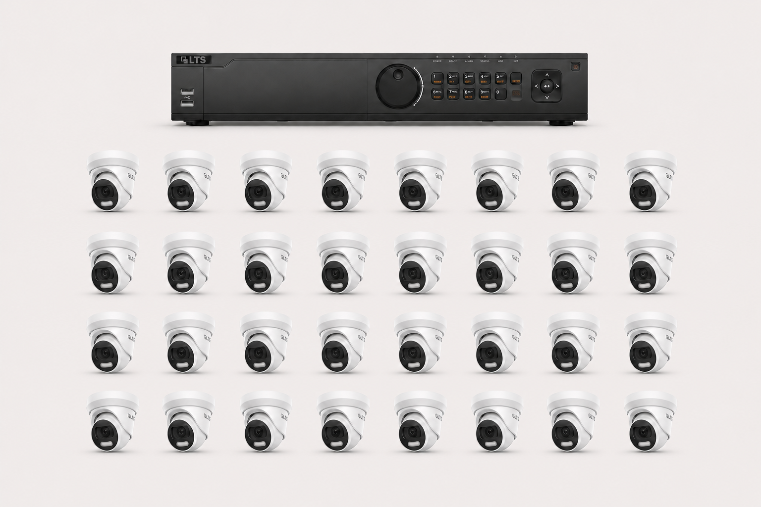 One LTS enterprise 32-channel DVR with thirty-two LTS 8MP 4K HD-TVI turret cameras