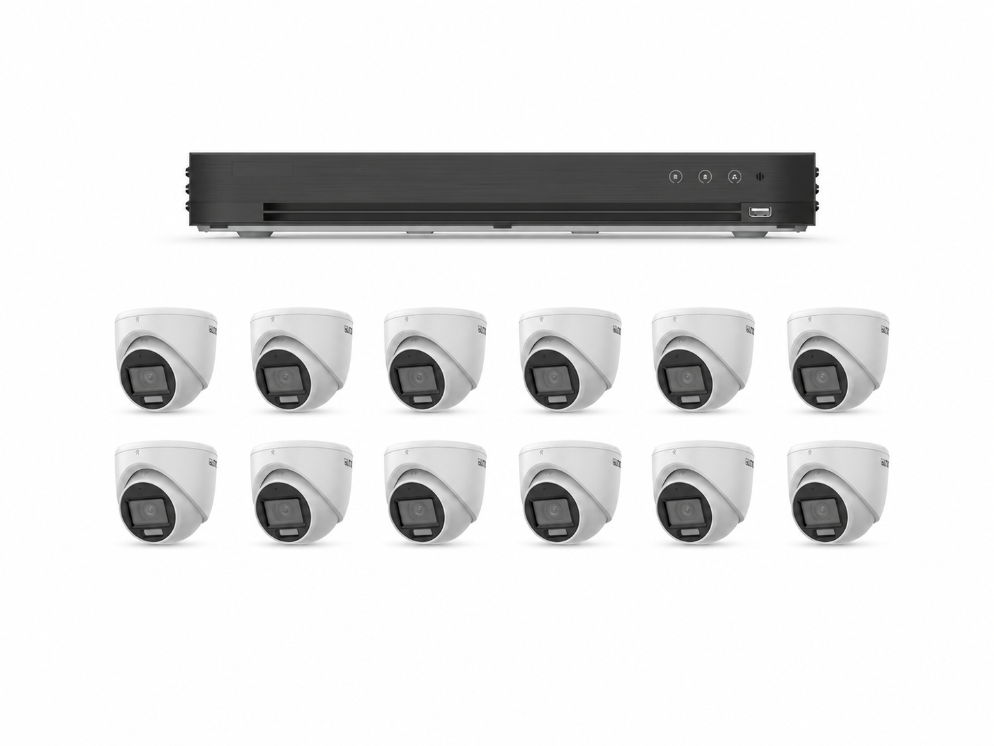 One LTS 16-channel DVR with twelve LTS 2MP HD-TVI turret cameras on a clean white background