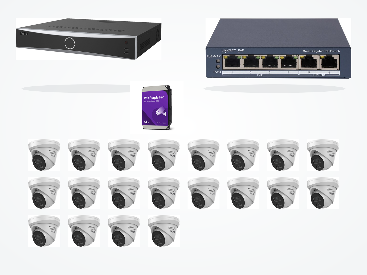 One LTS thirty-two-channel recorder, one four-port PoE switch, one 14TB WD Purple Pro surveillance drive, and twenty LTS active-deterrence cameras on a clean white background