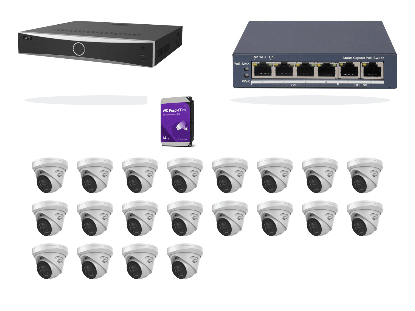 One LTS thirty-two-channel recorder, one four-port PoE switch, one 14TB WD Purple Pro surveillance drive, and twenty LTS active-deterrence cameras on a clean white background