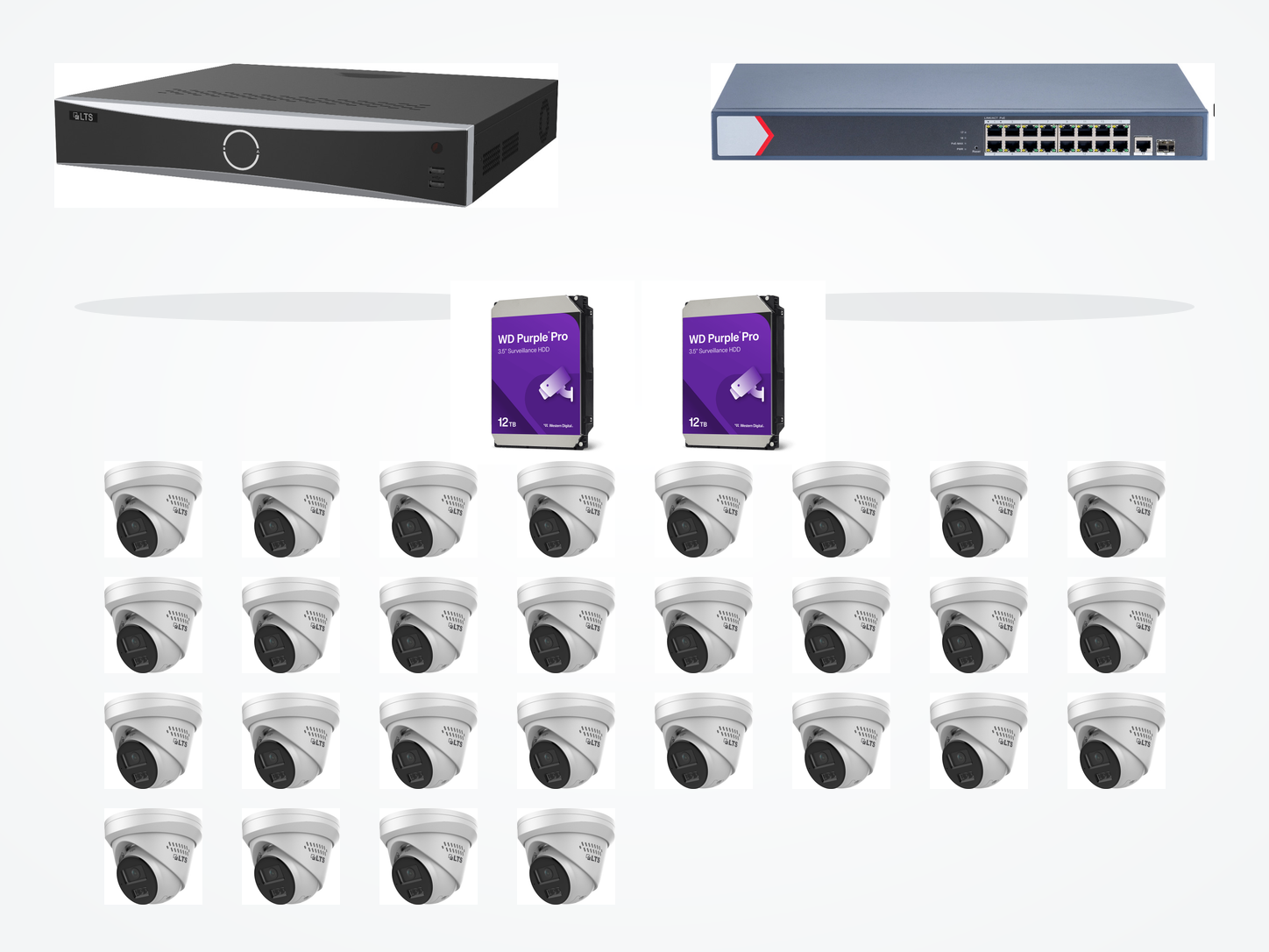 One LTS thirty-two-channel recorder, one sixteen-port PoE switch, two 12TB WD Purple Pro surveillance drives, and twenty-eight LTS active-deterrence cameras on a clean white background