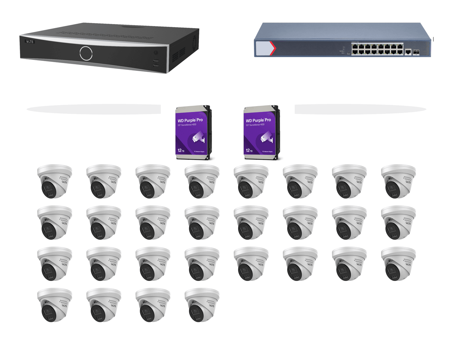 One LTS thirty-two-channel recorder, one sixteen-port PoE switch, two 12TB WD Purple Pro surveillance drives, and twenty-eight LTS active-deterrence cameras on a clean white background