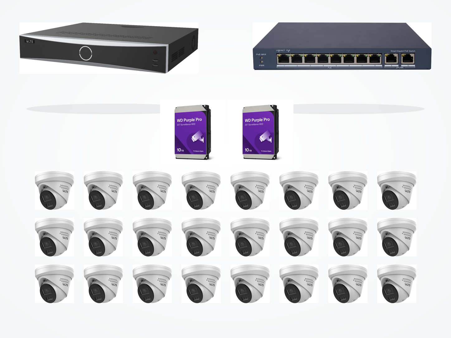 One LTS thirty-two-channel recorder, one eight-port PoE switch, two 10TB WD Purple Pro surveillance drives, and twenty-four LTS active-deterrence cameras on a clean white background