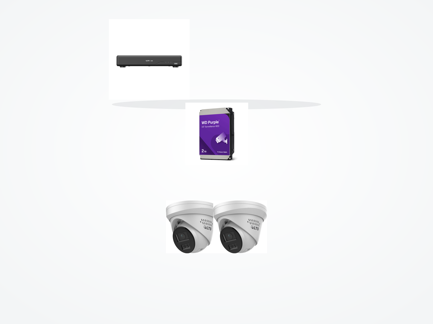 One LTS four-channel PoE recorder, one 2TB WD Purple surveillance drive, and two LTS 4MP active-deterrence turret cameras on a clean white background