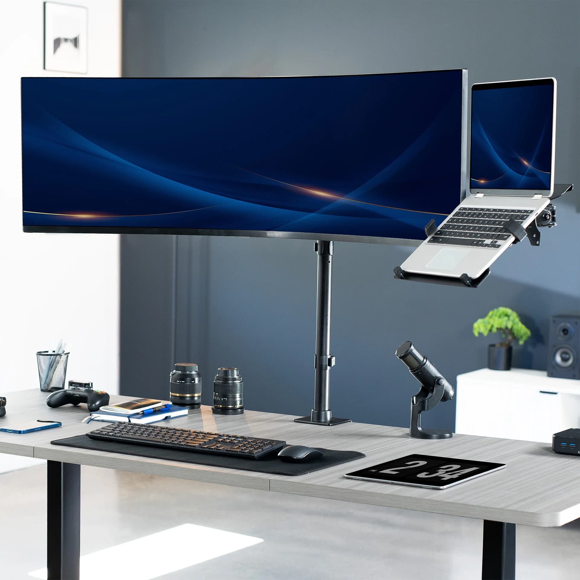 Single Monitor + Single Laptop Desk Mount - Up to 49" Screens, 15.6" Laptops