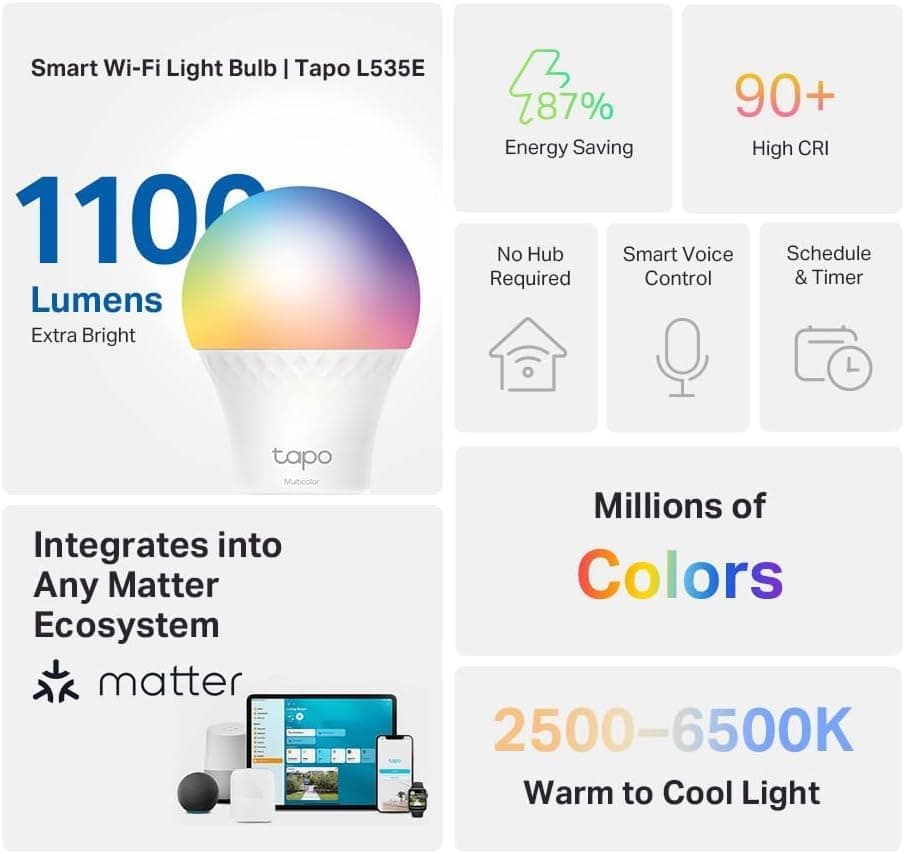 Matter-Certified Dimmable RGBW Smart Light Bulb, Tapo L535E(4-Pack)