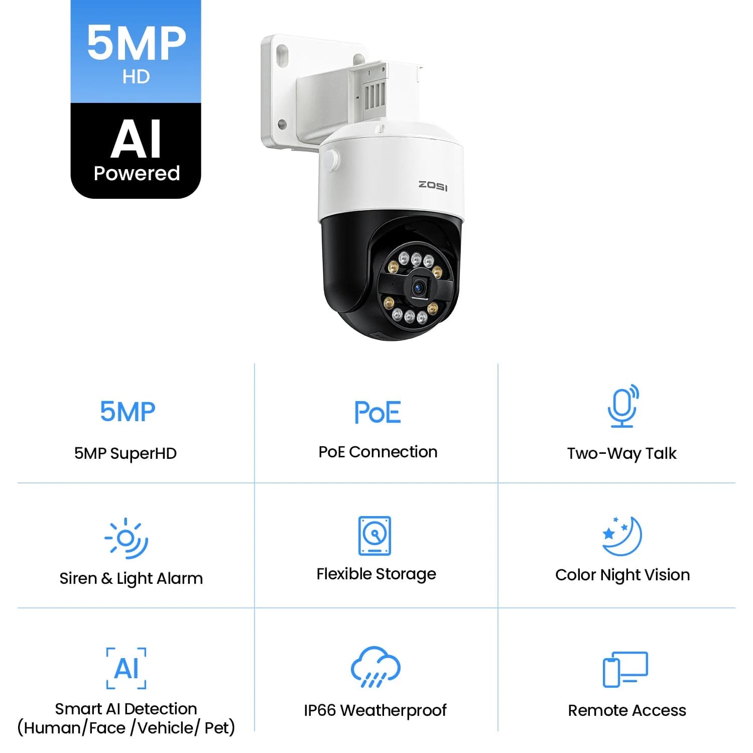 C296B 5MP PTZ PoE IP Camera with Full Color Night Vision