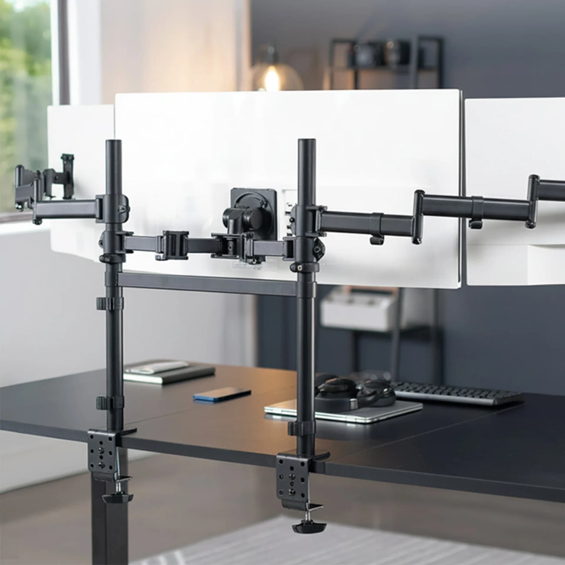 2-Pole Triple Monitor Desk Mount (1 Ultrawide + 2 Standard) - Up to 49" Screens