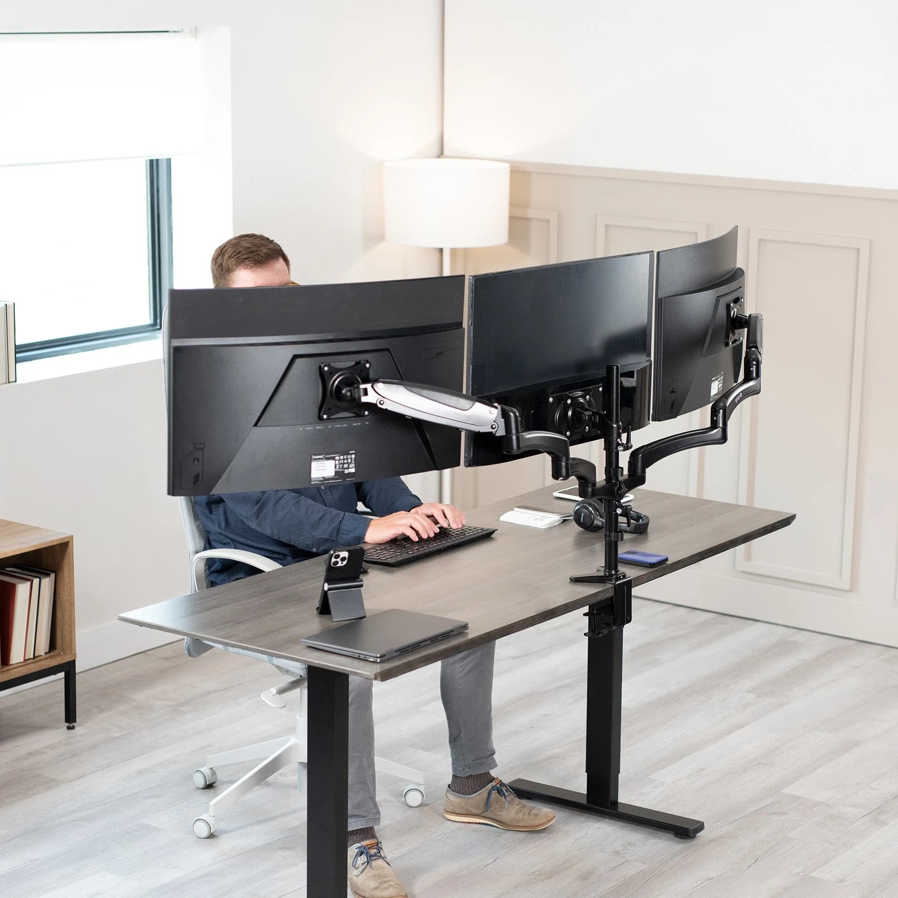 Triple Monitor Desk Mount (2 Pneumatic Arms + 1 Fixed) - Up to 32" Screens