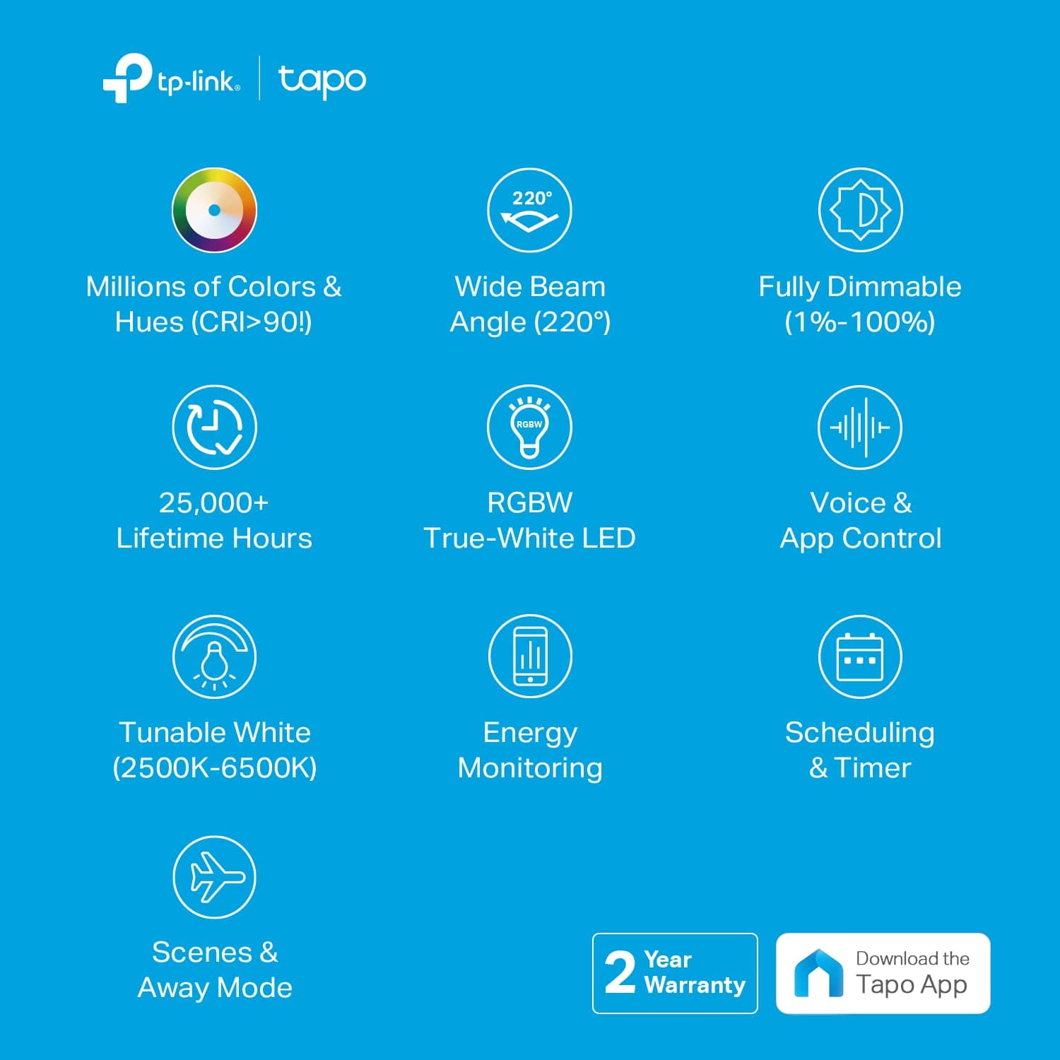 Dimmable RGBW Smart Light Bulbs, Tapo L530E(2-Pack)