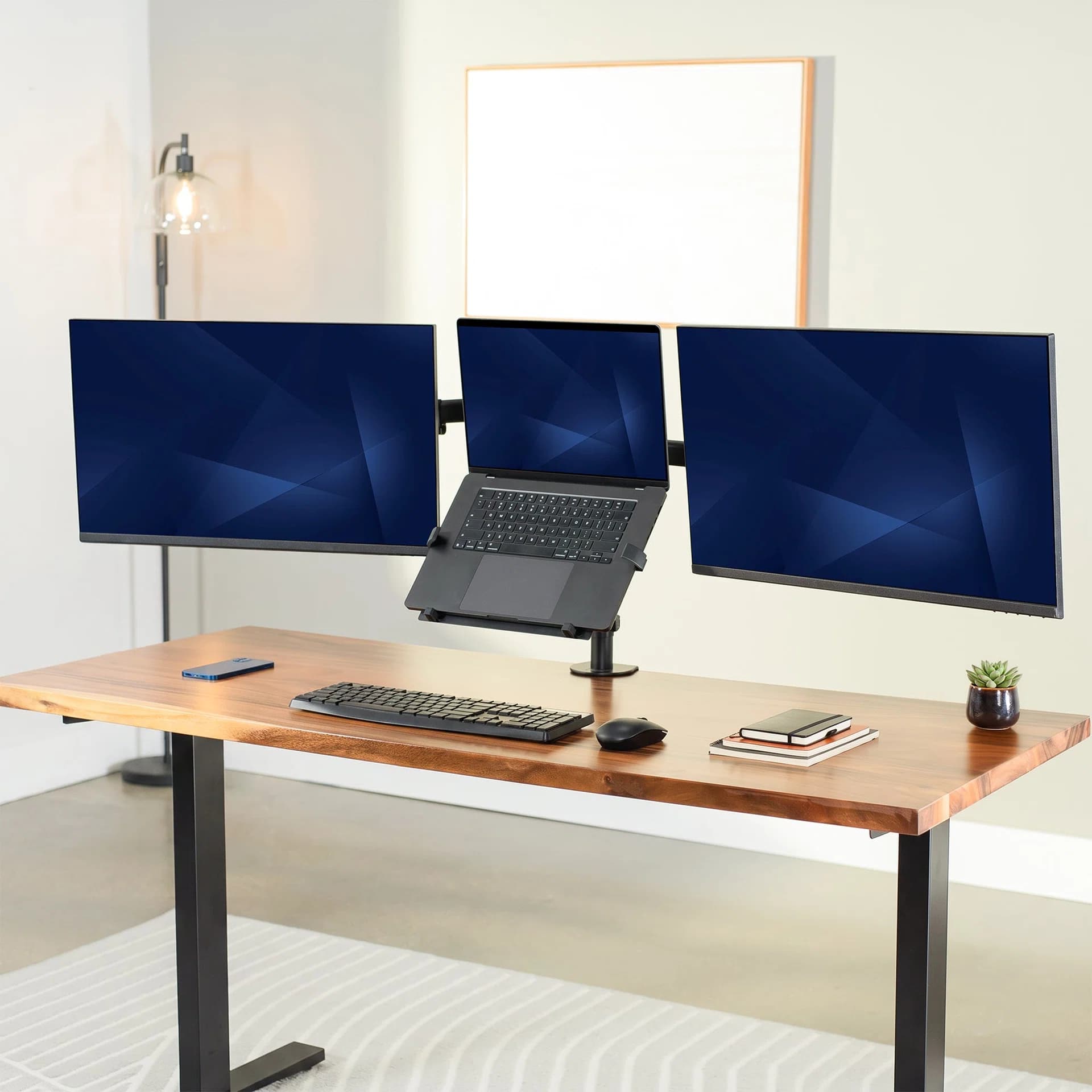 Dual Monitor + Single Laptop Desk Mount - Up to 27" Screens, 15.6" Laptops
