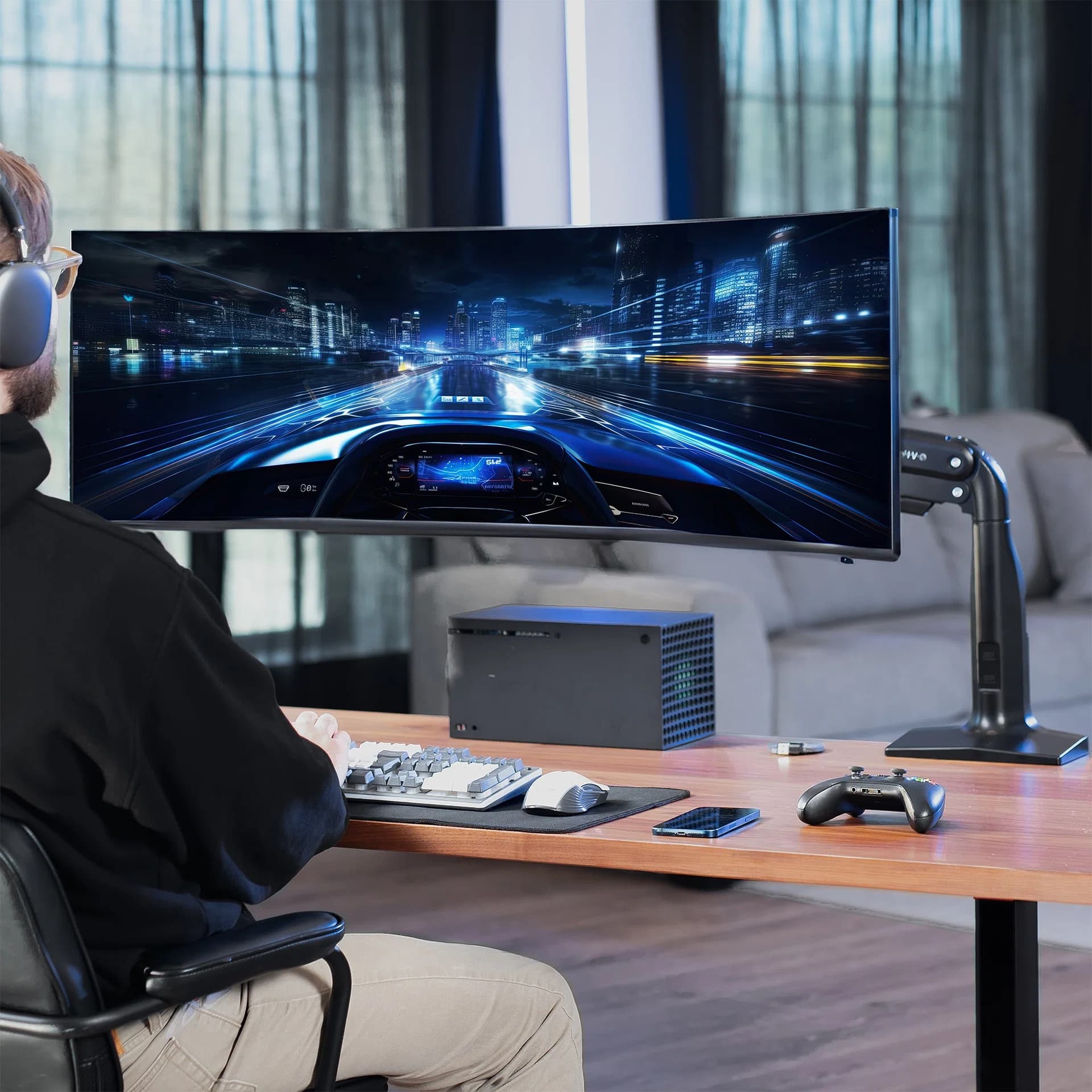 Pneumatic Arm Single Ultrawide Monitor Desk Mount - Up to 49" Screens