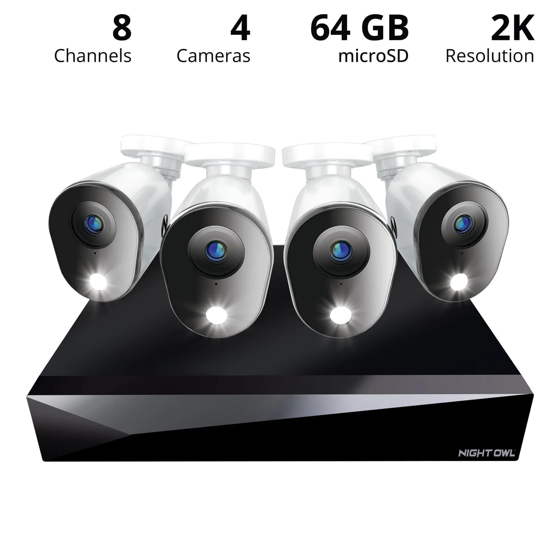 4 Channel 2K DVR with 4 Wired 2K Cameras and 64GB MicroSD Card Expandable up to 4 Additional Wi-Fi Cameras and 8TB Hard Drive