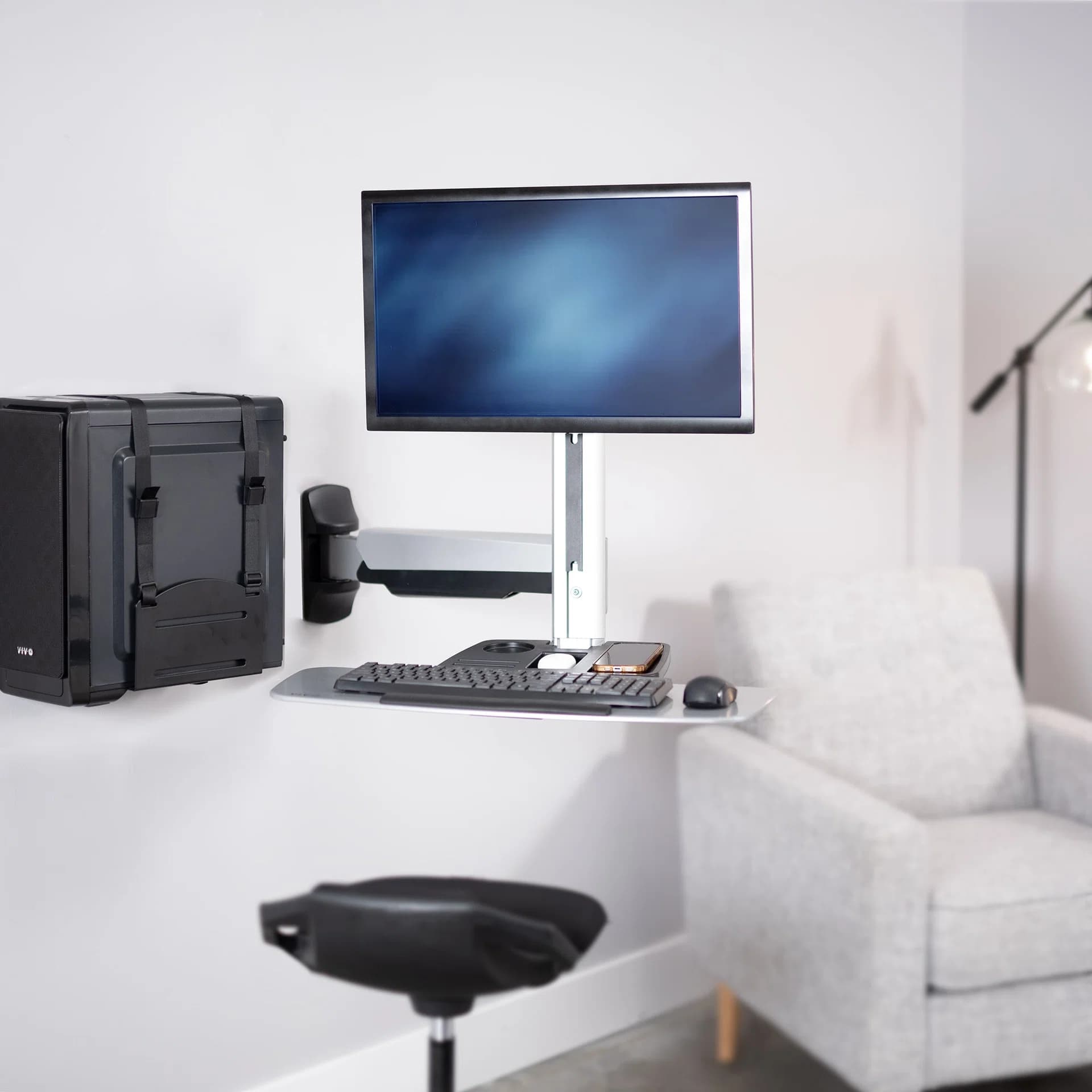 Silver Single Monitor Sit to Stand Wall Mount - 13" to 32" Screens