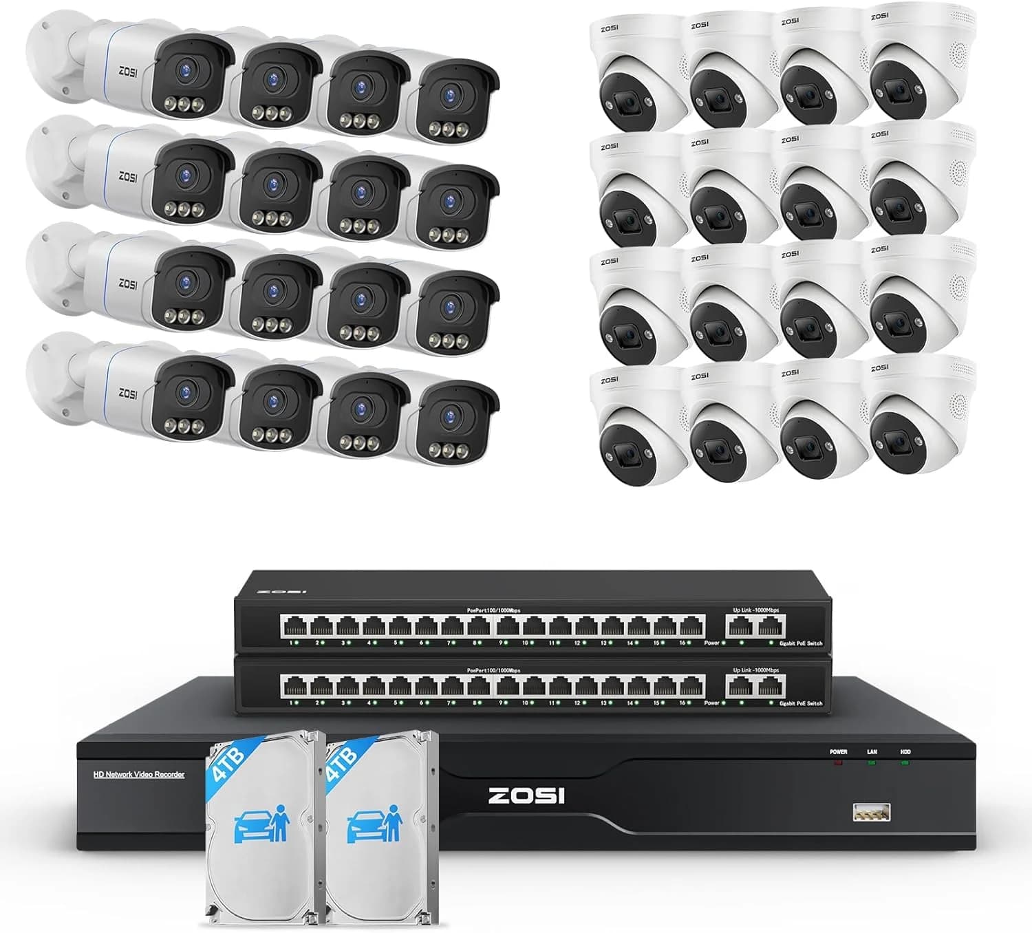 C225/C186 24-Camera White 4K 32-Channel PoE System — 8TB