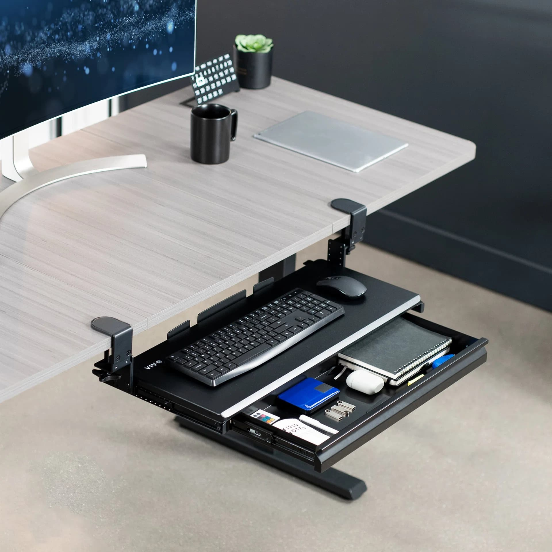Clamp-on Height Adjustable Keyboard Tray with Drawer