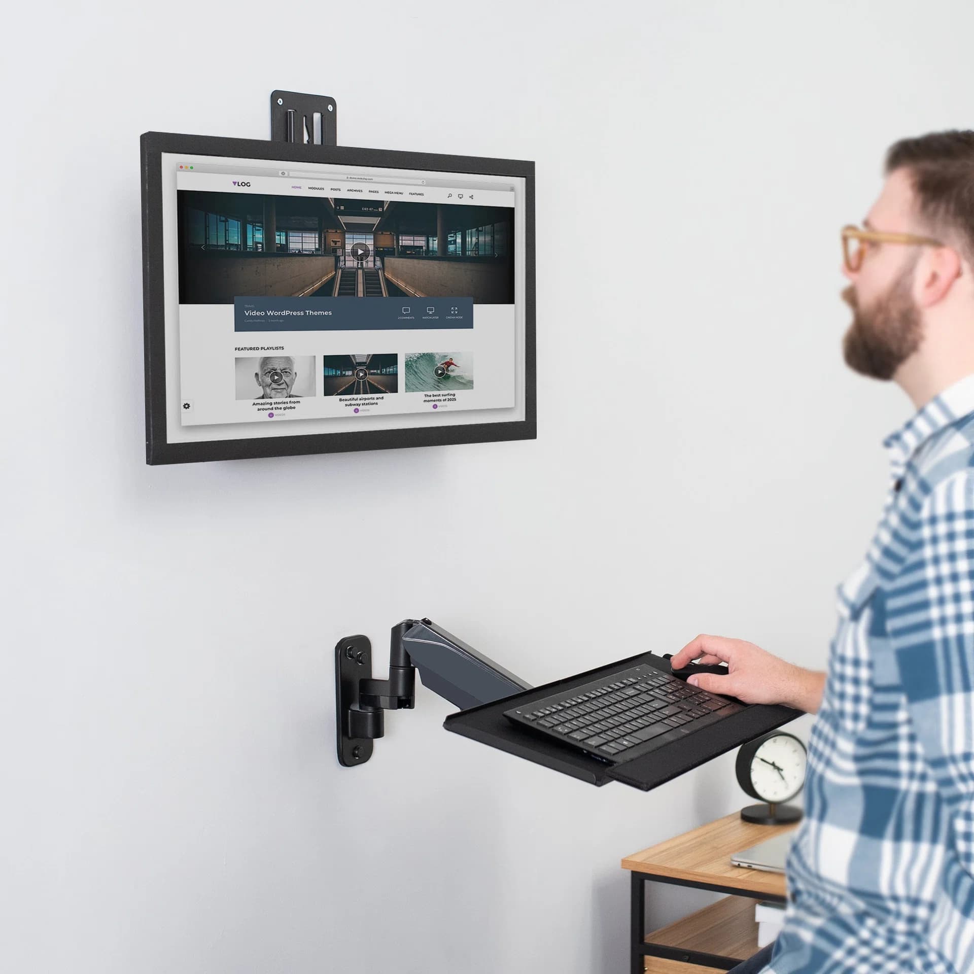 Single Monitor Wall Mount + Keyboard Tray Wall Mount - 17" to 32" Screens