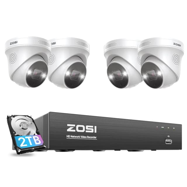 Included ZOSI C225 four-camera wired PoE system and recorder; both included TV brackets are shown separately in the gallery